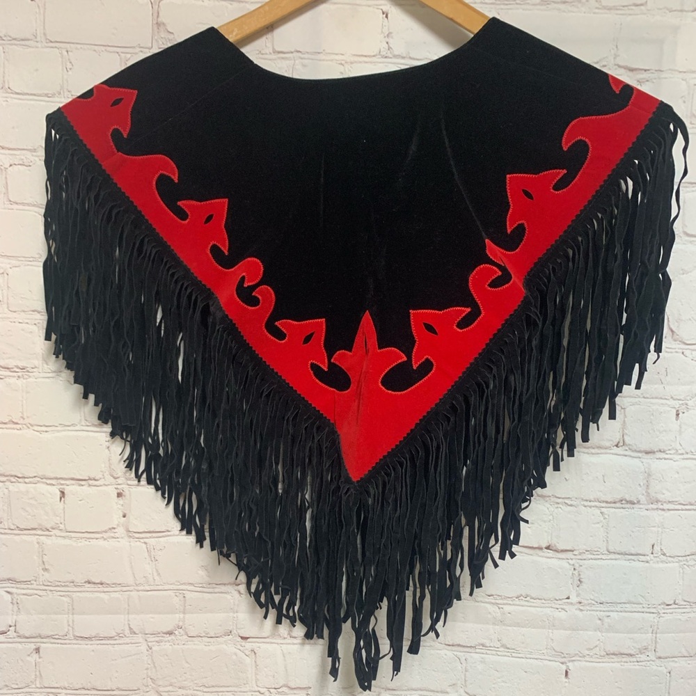 Ann N Eve Black Red Fringe Western Cowgirl Shawl - Picture 6 of 6